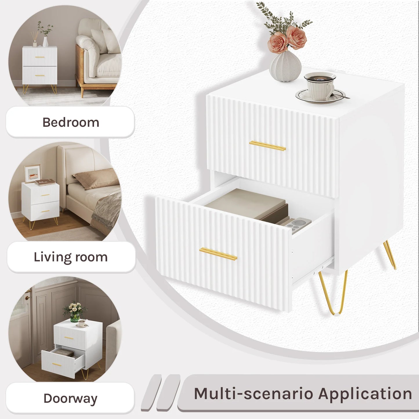 Serene Lines Nightstand — White & Gold 2‑Drawer