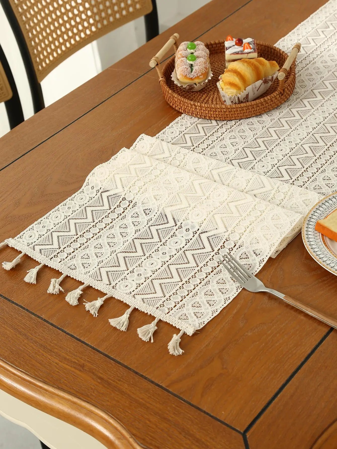 Lace Daydream Table Runner — Soft Beige Cotton with Tassels
