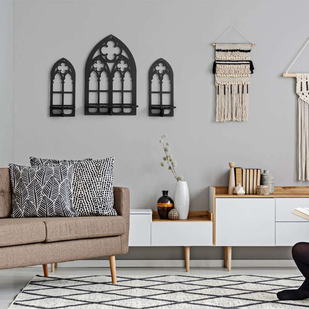 Gothic Cathedral Wall Shelves – 3-Piece Wooden Candle & Crystal Display Set