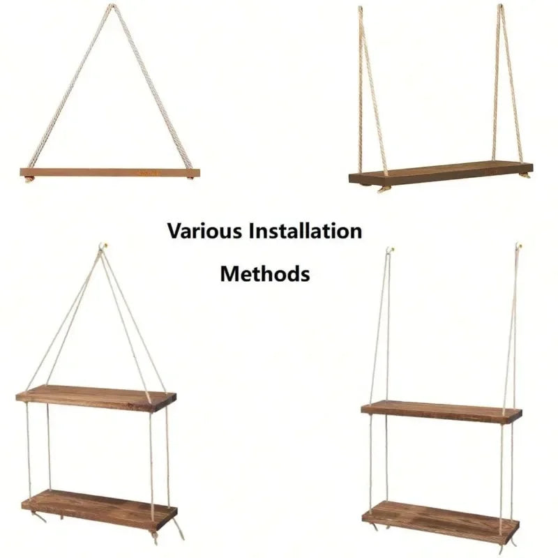 SereneCharm™ Boho Hanging Rope Shelf – Minimalist Floating Wall Display 🌿✨