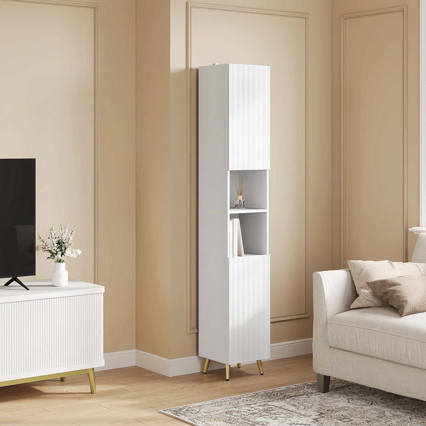 Valencia Fluted Tall Cabinet — White & Gold