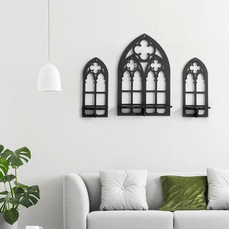 Gothic Cathedral Wall Shelves – 3-Piece Wooden Candle & Crystal Display Set