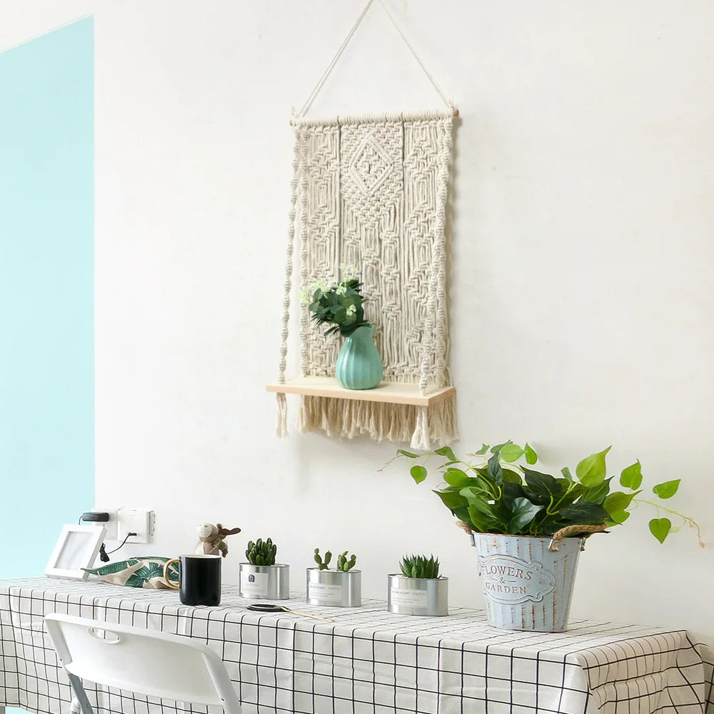 Boho Bliss Macrame Shelf – Handwoven Wall Hanging with Tassel Detail 🌿🧵
