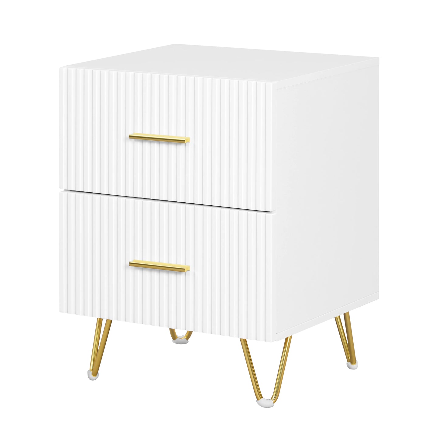 Serene Lines Nightstand — White & Gold 2‑Drawer