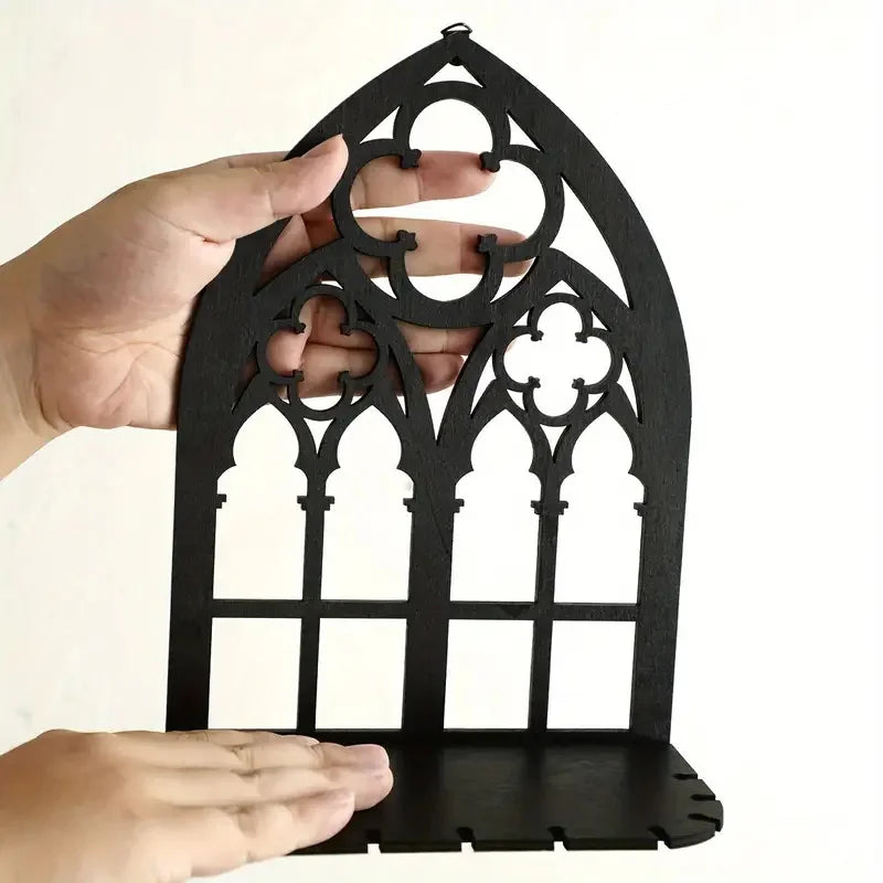 Gothic Cathedral Wall Shelves – 3-Piece Wooden Candle & Crystal Display Set