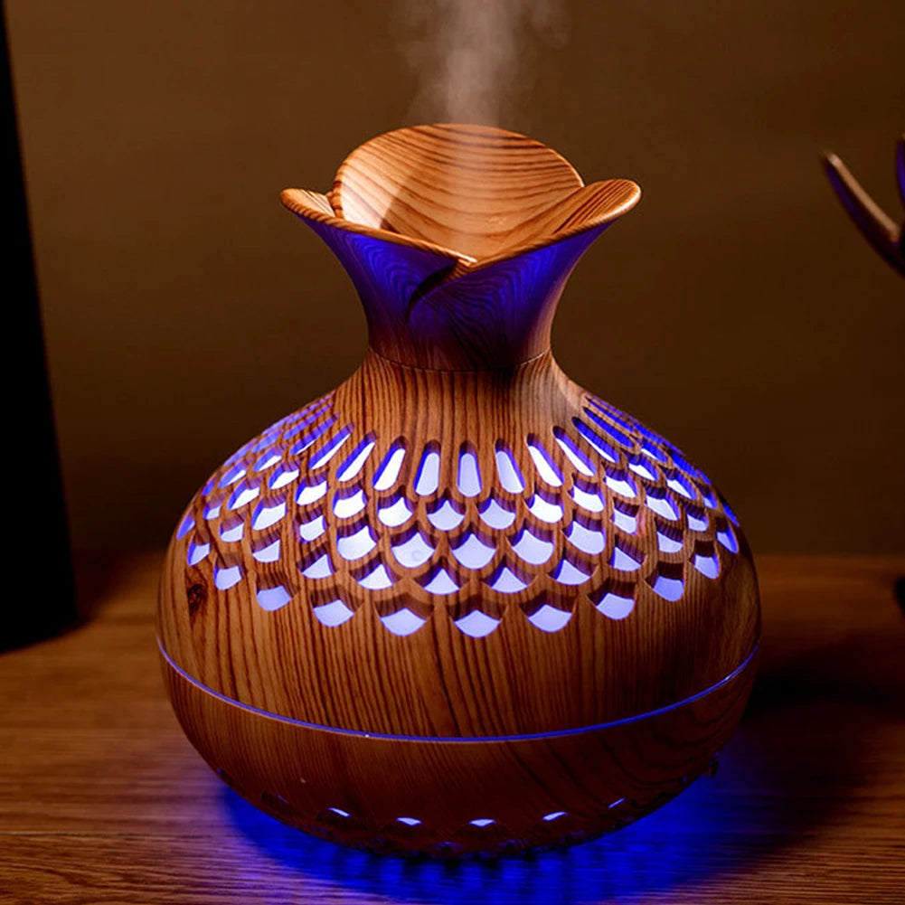 BloomGlow™ Boho Aroma Diffuser — Wood Grain Humidifier & Night Light