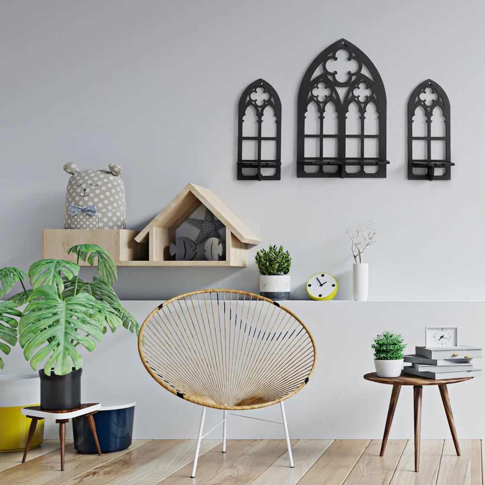 Gothic Cathedral Wall Shelves – 3-Piece Wooden Candle & Crystal Display Set