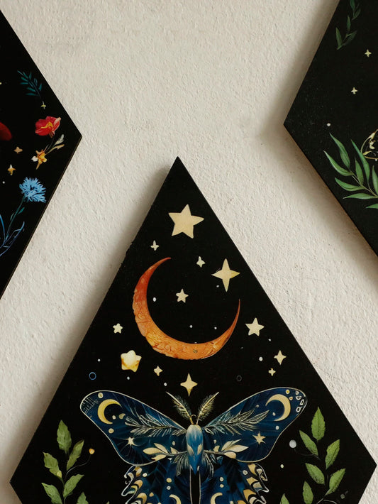 Lunar Wings — Gothic Butterfly & Moon Wall Art (Wooden Rhomboid Set)