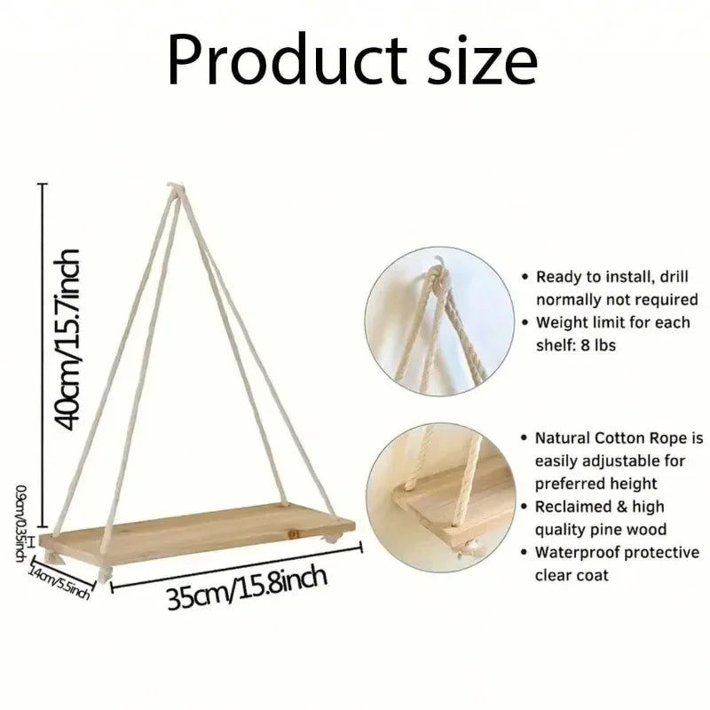 SereneCharm™ Boho Hanging Rope Shelf – Minimalist Floating Wall Display 🌿✨