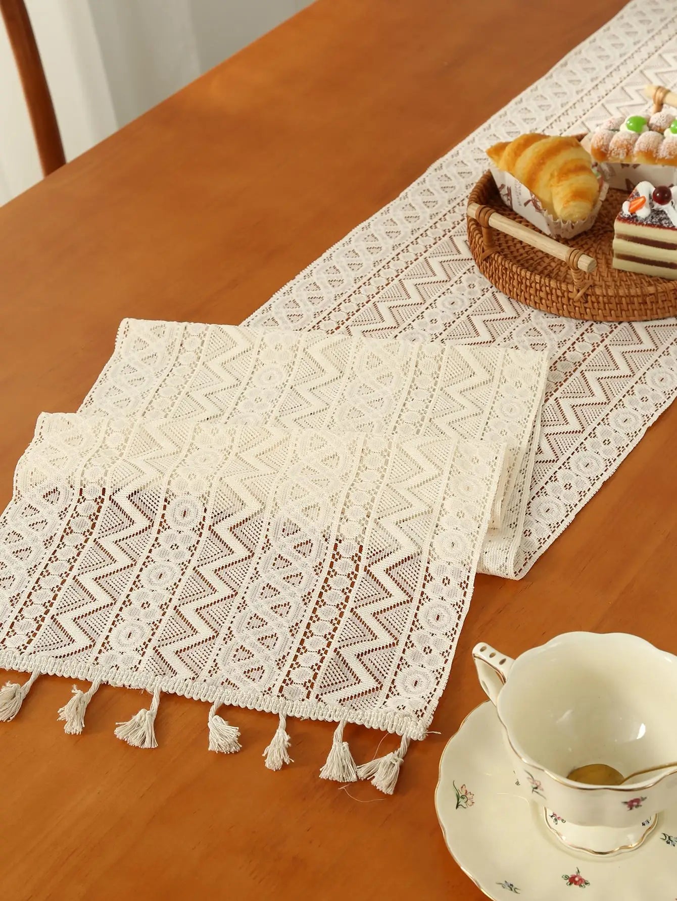 Lace Daydream Table Runner — Soft Beige Cotton with Tassels