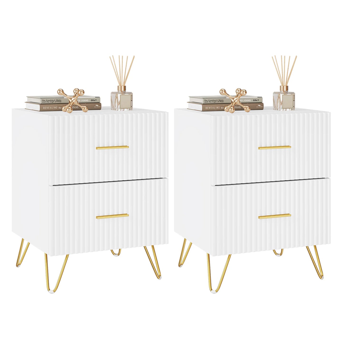 Serene Lines Nightstand — White & Gold 2‑Drawer