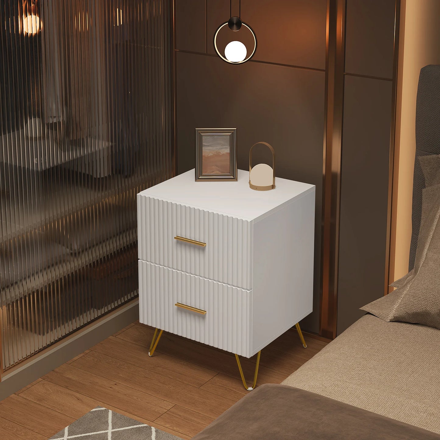 Serene Lines Nightstand — White & Gold 2‑Drawer