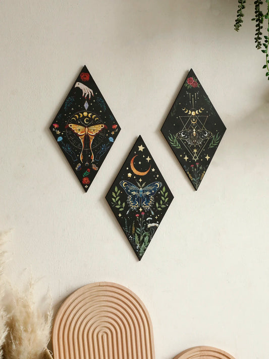 Lunar Wings — Gothic Butterfly & Moon Wall Art (Wooden Rhomboid Set)