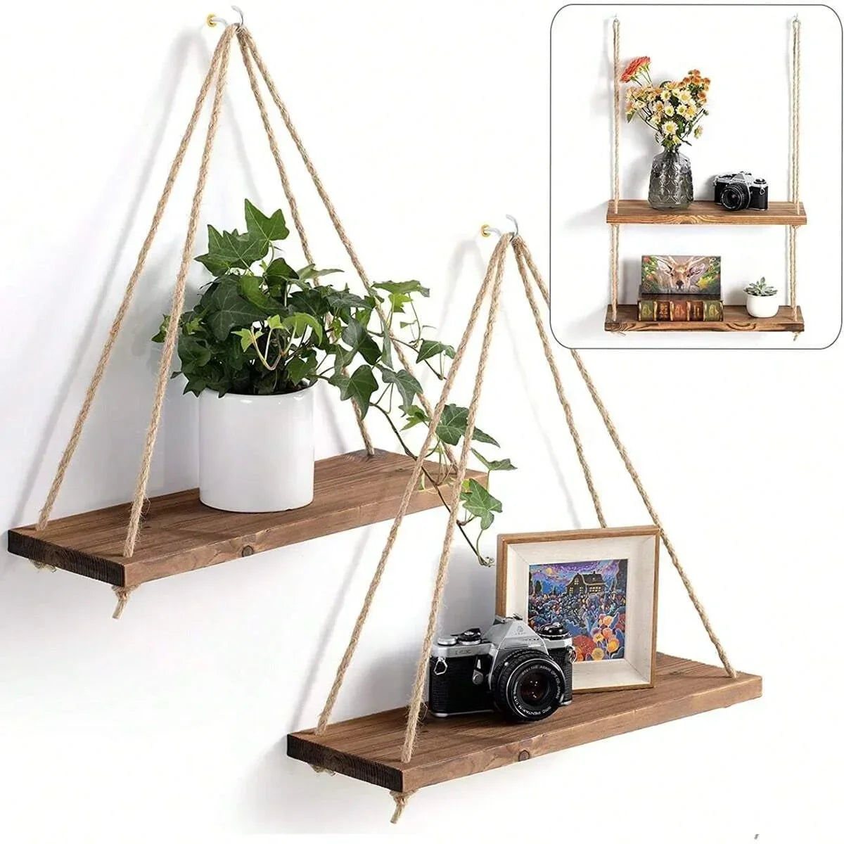 SereneCharm™ Boho Hanging Rope Shelf – Minimalist Floating Wall Display 🌿✨