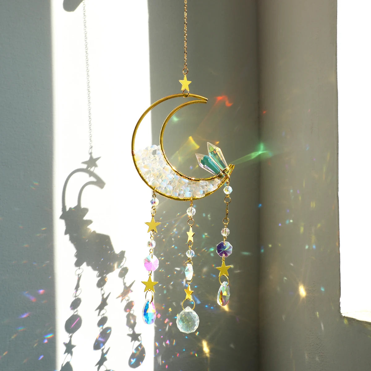Luna Prism Suncatcher — Moon & Crystal Rainbow Hanger