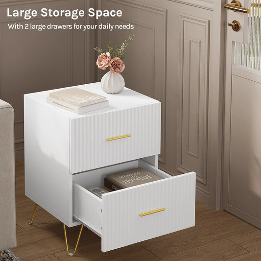 Serene Lines Nightstand — White & Gold 2‑Drawer