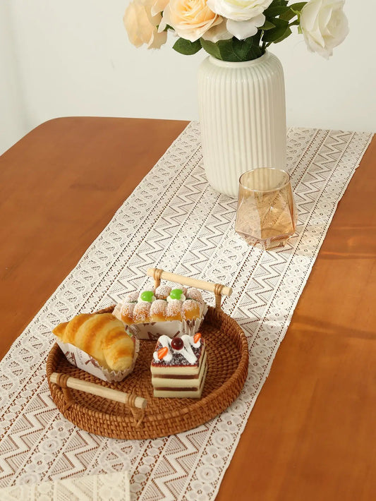 Lace Daydream Table Runner — Soft Beige Cotton with Tassels
