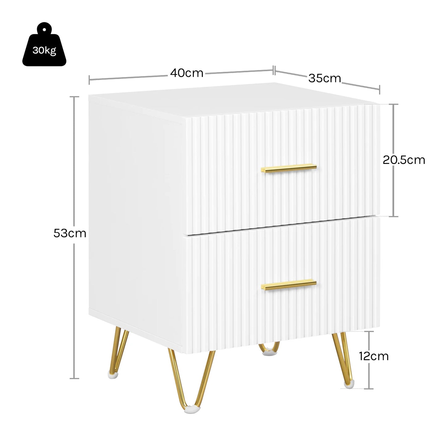Serene Lines Nightstand — White & Gold 2‑Drawer