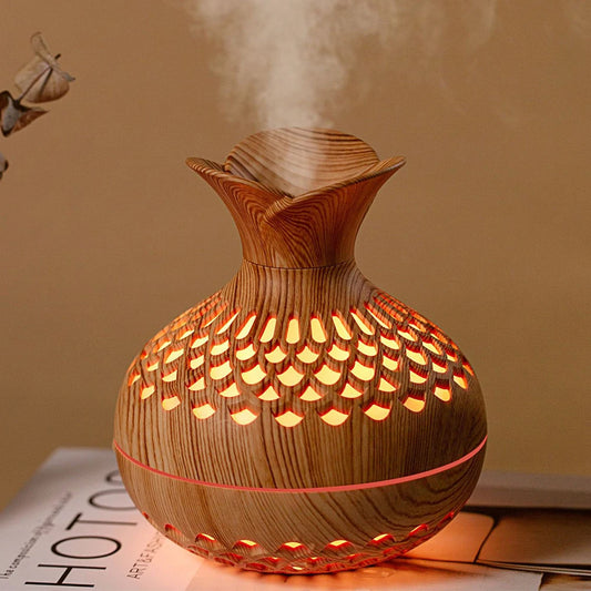 BloomGlow™ Boho Aroma Diffuser — Wood Grain Humidifier & Night Light