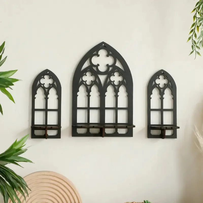 Gothic Cathedral Wall Shelves – 3-Piece Wooden Candle & Crystal Display Set