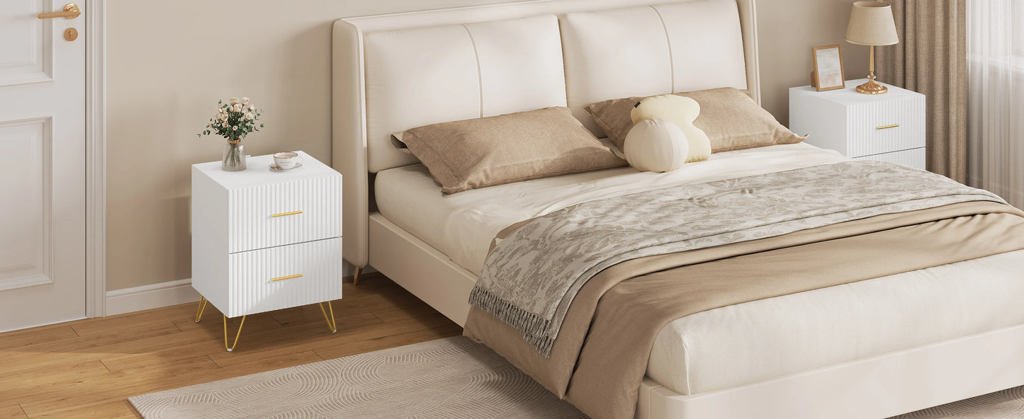Serene Lines Nightstand — White & Gold 2‑Drawer