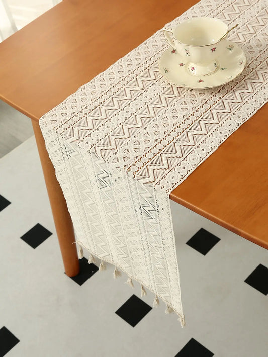 Lace Daydream Table Runner — Soft Beige Cotton with Tassels