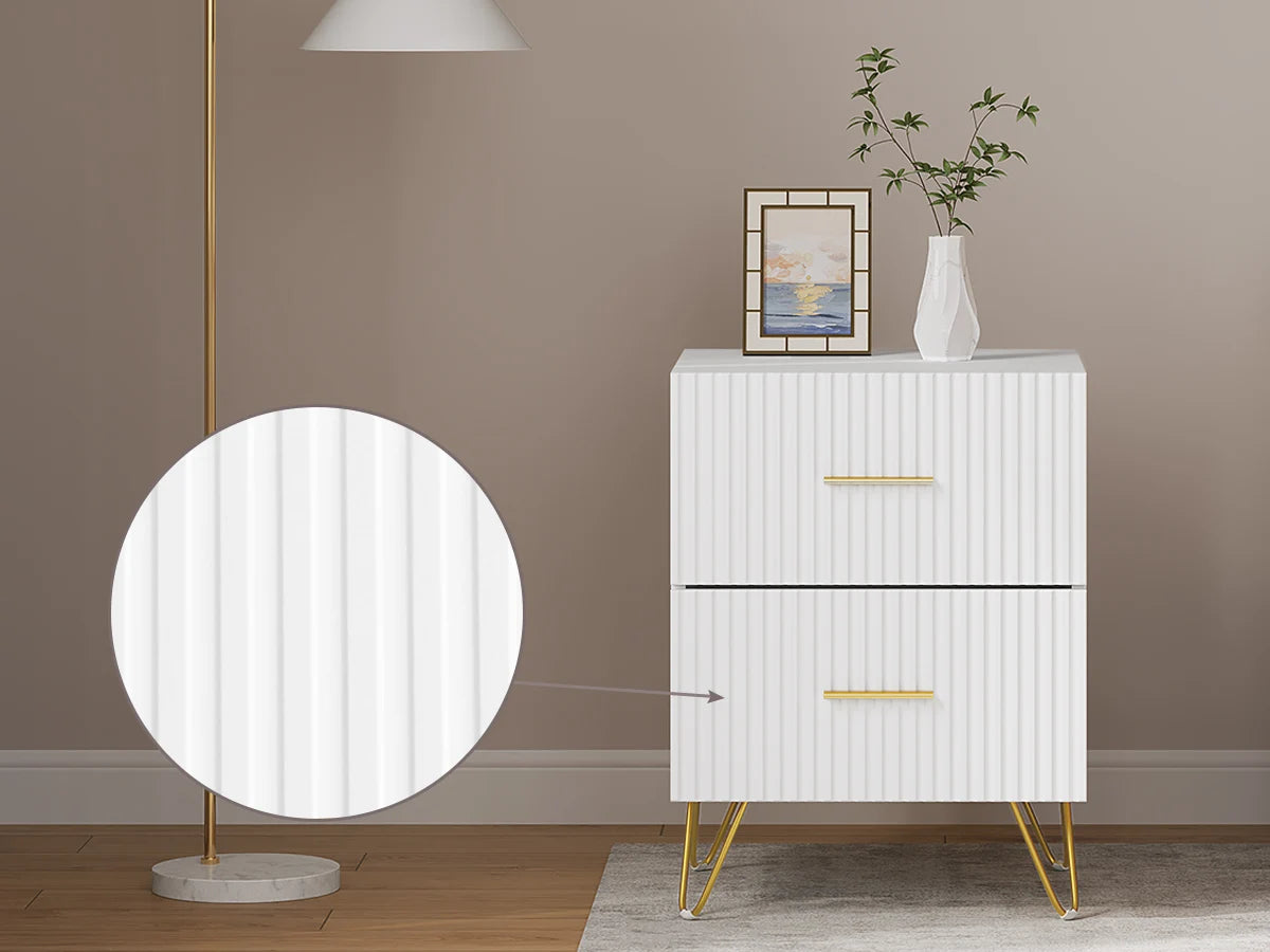 Serene Lines Nightstand — White & Gold 2‑Drawer