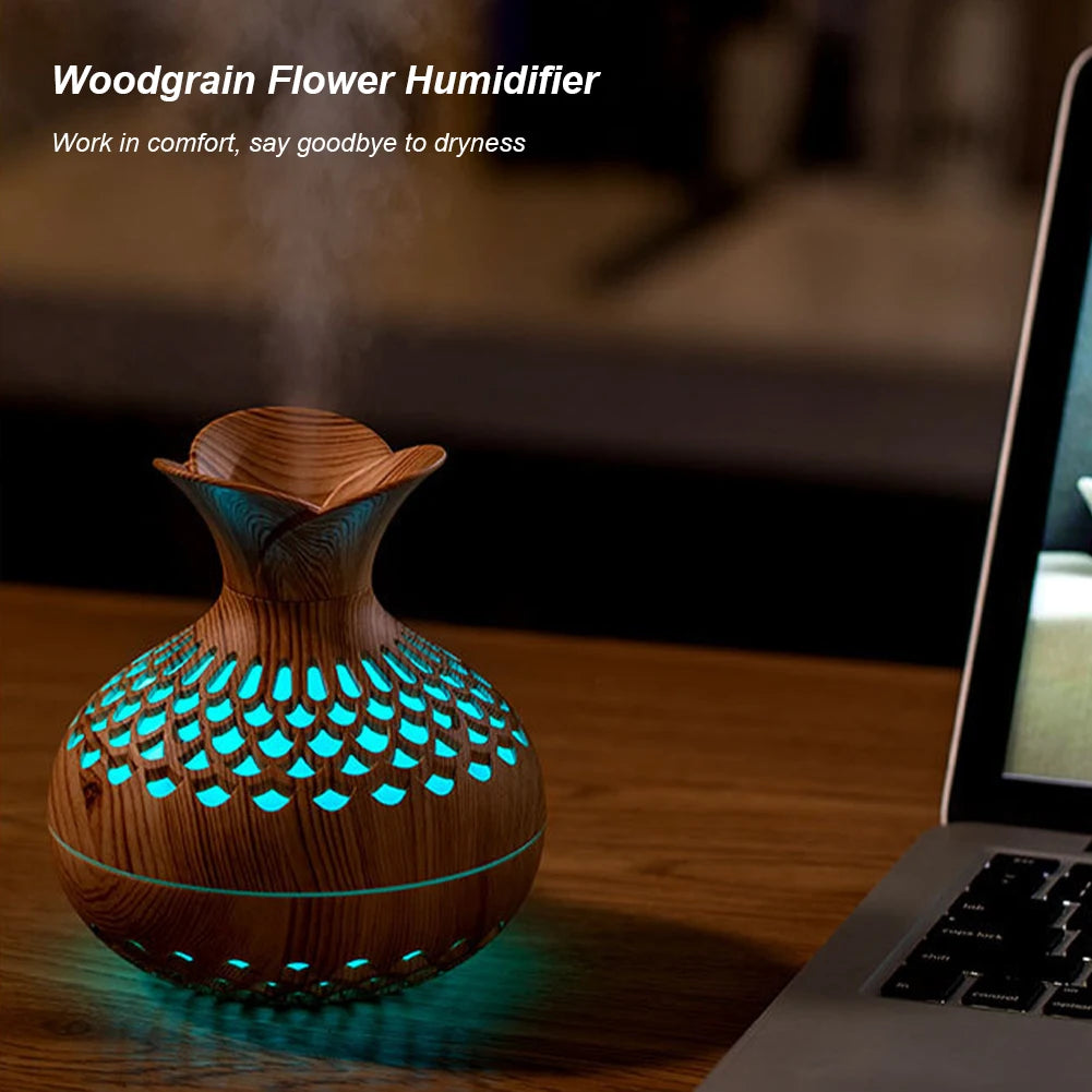 BloomGlow™ Boho Aroma Diffuser — Wood Grain Humidifier & Night Light
