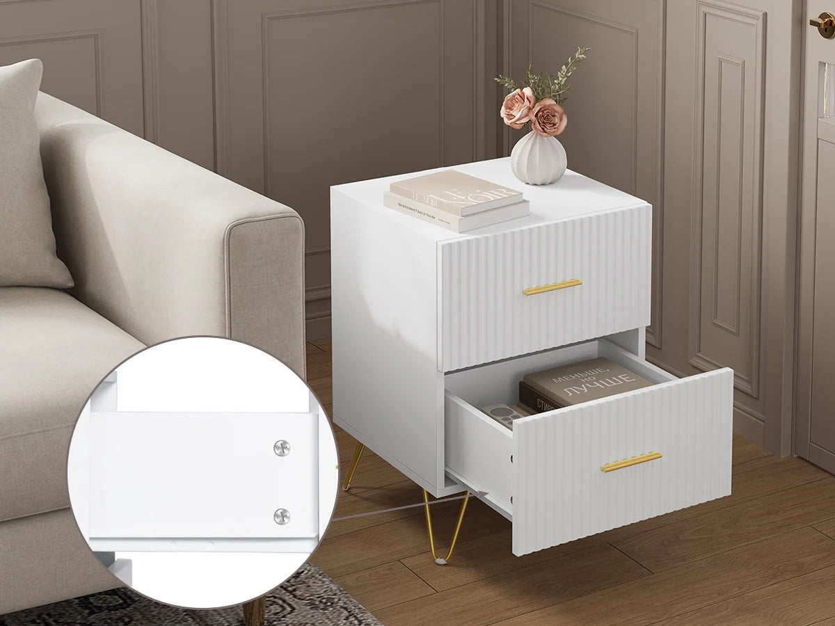 Serene Lines Nightstand — White & Gold 2‑Drawer