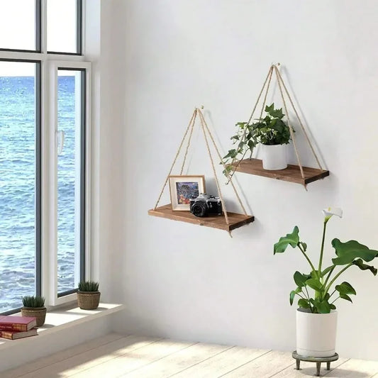 SereneCharm™ Boho Hanging Rope Shelf – Minimalist Floating Wall Display 🌿✨