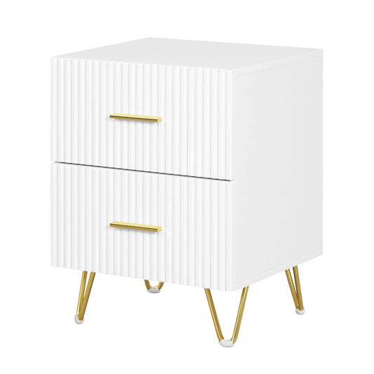 Serene Lines Nightstand — White & Gold 2‑Drawer