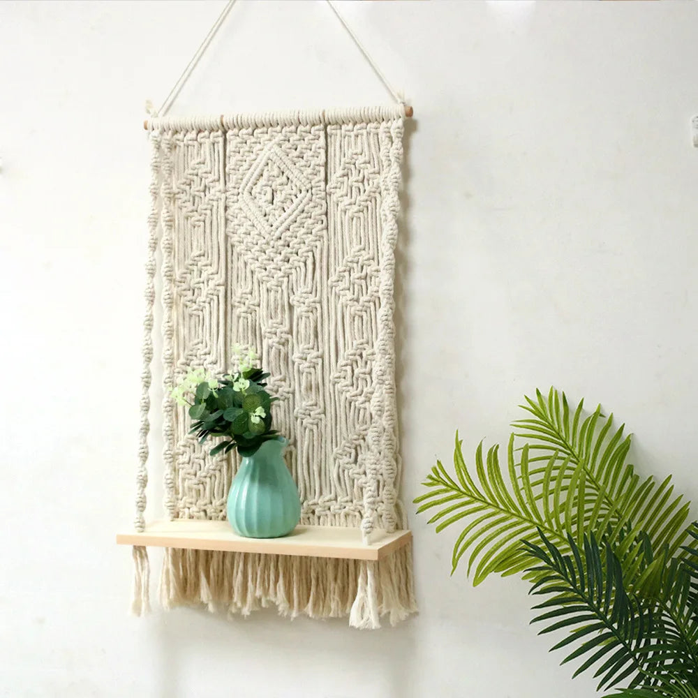 Boho Bliss Macrame Shelf – Handwoven Wall Hanging with Tassel Detail 🌿🧵