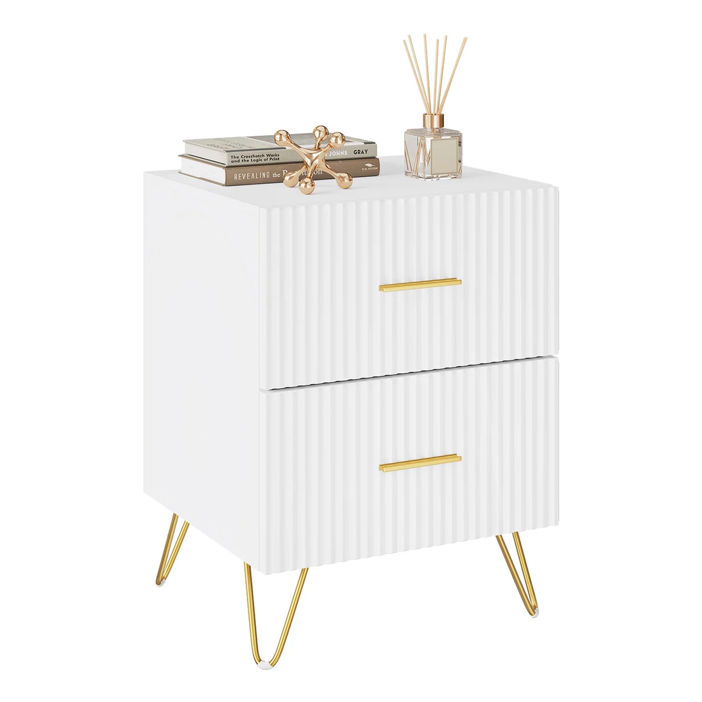 Serene Lines Nightstand — White & Gold 2‑Drawer