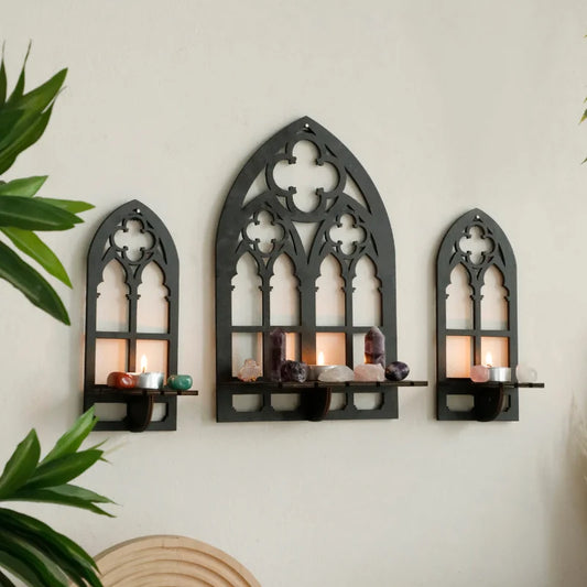Gothic Cathedral Wall Shelves – 3-Piece Wooden Candle & Crystal Display Set