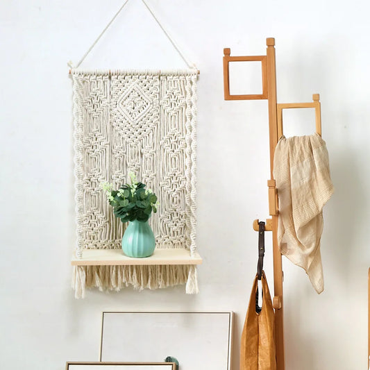 Boho Bliss Macrame Shelf – Handwoven Wall Hanging with Tassel Detail 🌿🧵