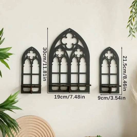 Gothic Cathedral Wall Shelves – 3-Piece Wooden Candle & Crystal Display Set