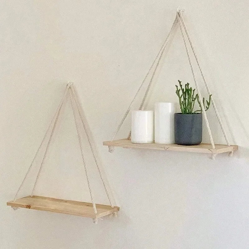 SereneCharm™ Boho Hanging Rope Shelf – Minimalist Floating Wall Display 🌿✨