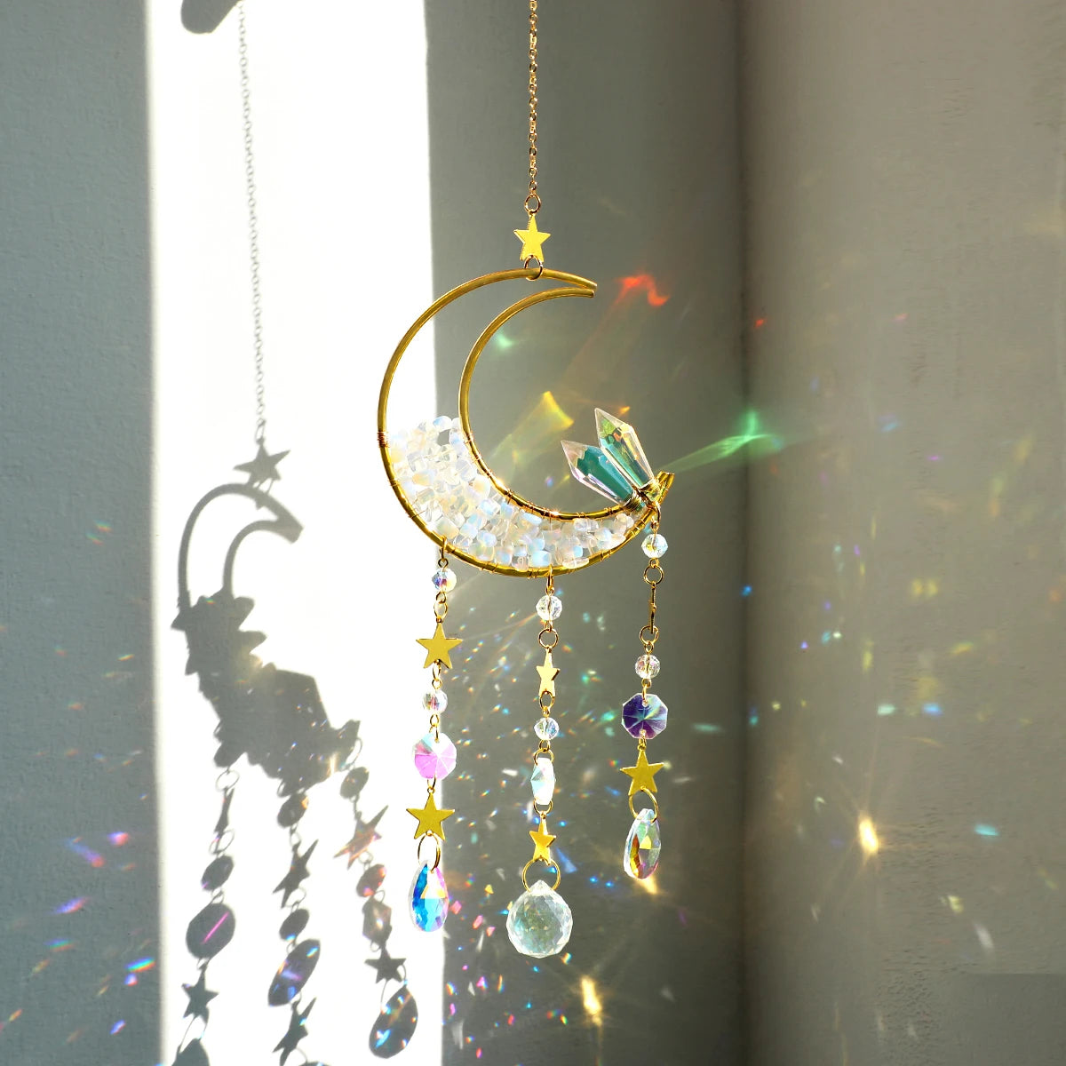 Luna Prism Suncatcher — Moon & Crystal Rainbow Hanger
