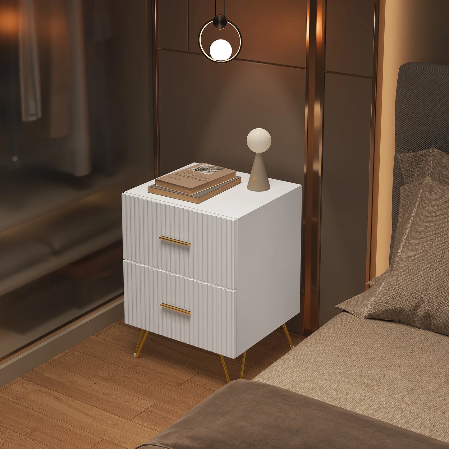 Serene Lines Nightstand — White & Gold 2‑Drawer