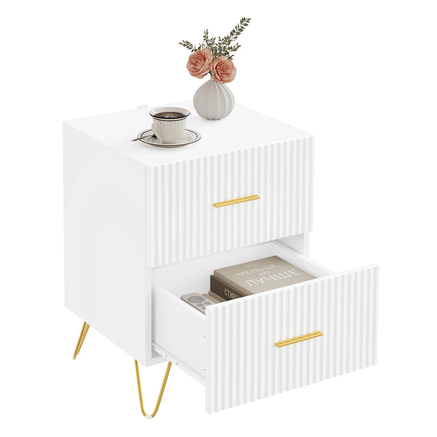 Serene Lines Nightstand — White & Gold 2‑Drawer